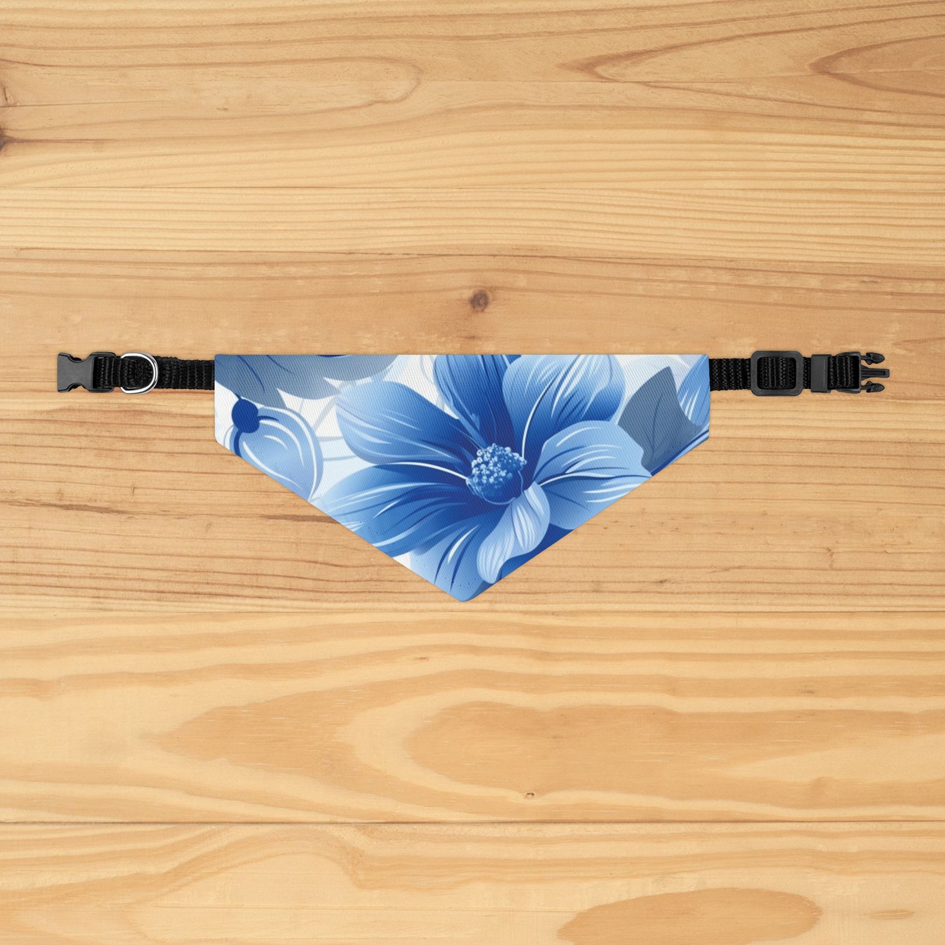 Blue and White Hawaiian Floral Dog Bandana, Over the Collar