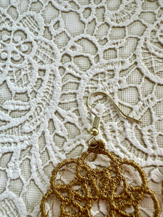 Dark Gold Free Standing Lace Earrings – Embroidered Lightweight Statement Jewelry