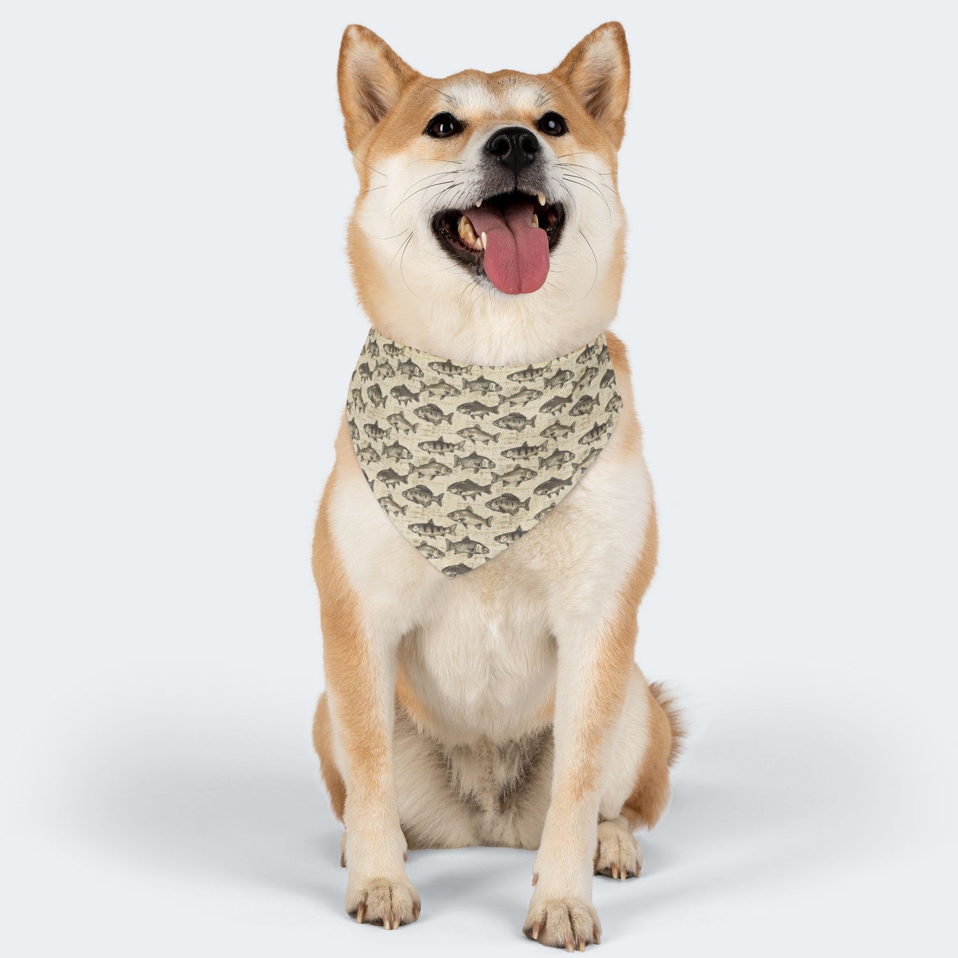 Fish Pattern Dog Bandana with Collar – Over-the-Collar Pet Bandana – Tan and Gray Dog Accessory