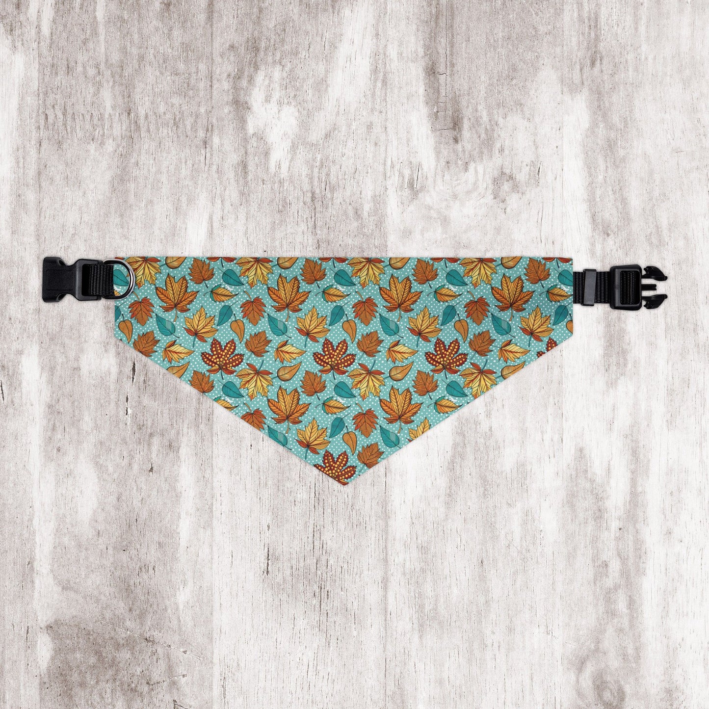 Light Blue Autumn Leaves Over-the-Collar Dog Bandana – Blue, Orange & Golden Leaf Pattern