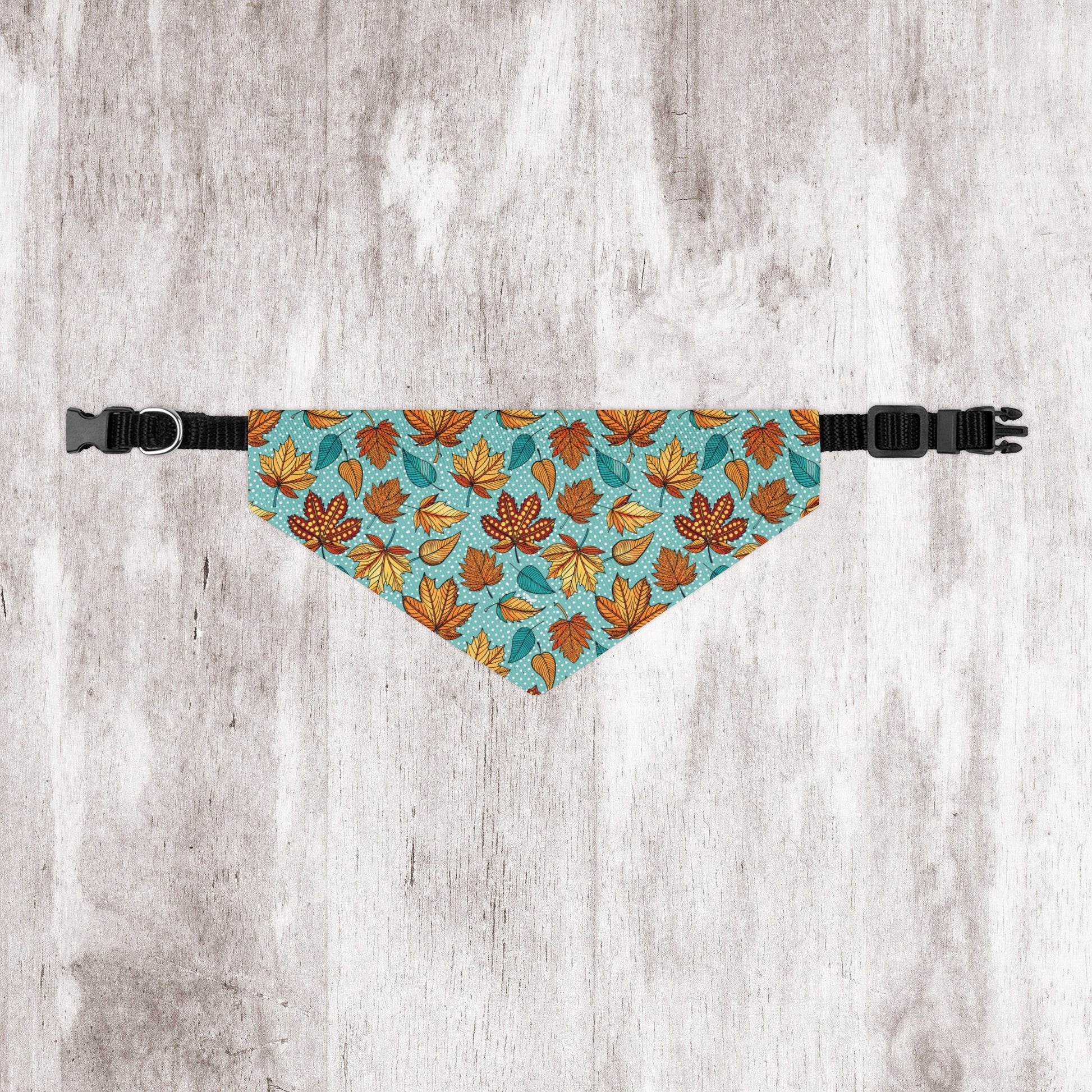 Light Blue Autumn Leaves Over-the-Collar Dog Bandana – Blue, Orange & Golden Leaf Pattern