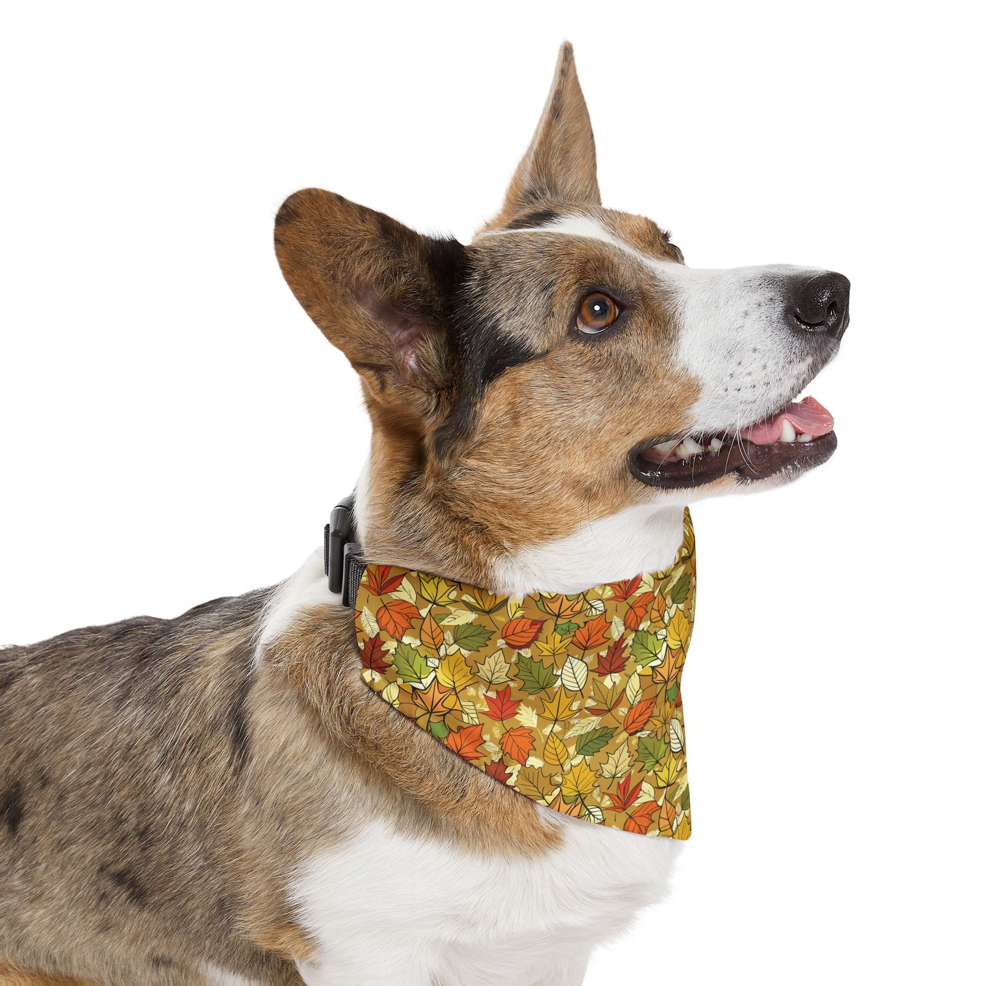 Autumn Leaves Dog Bandana – Tan Background with Yellow, Orange, Green & Red Leaf Pattern