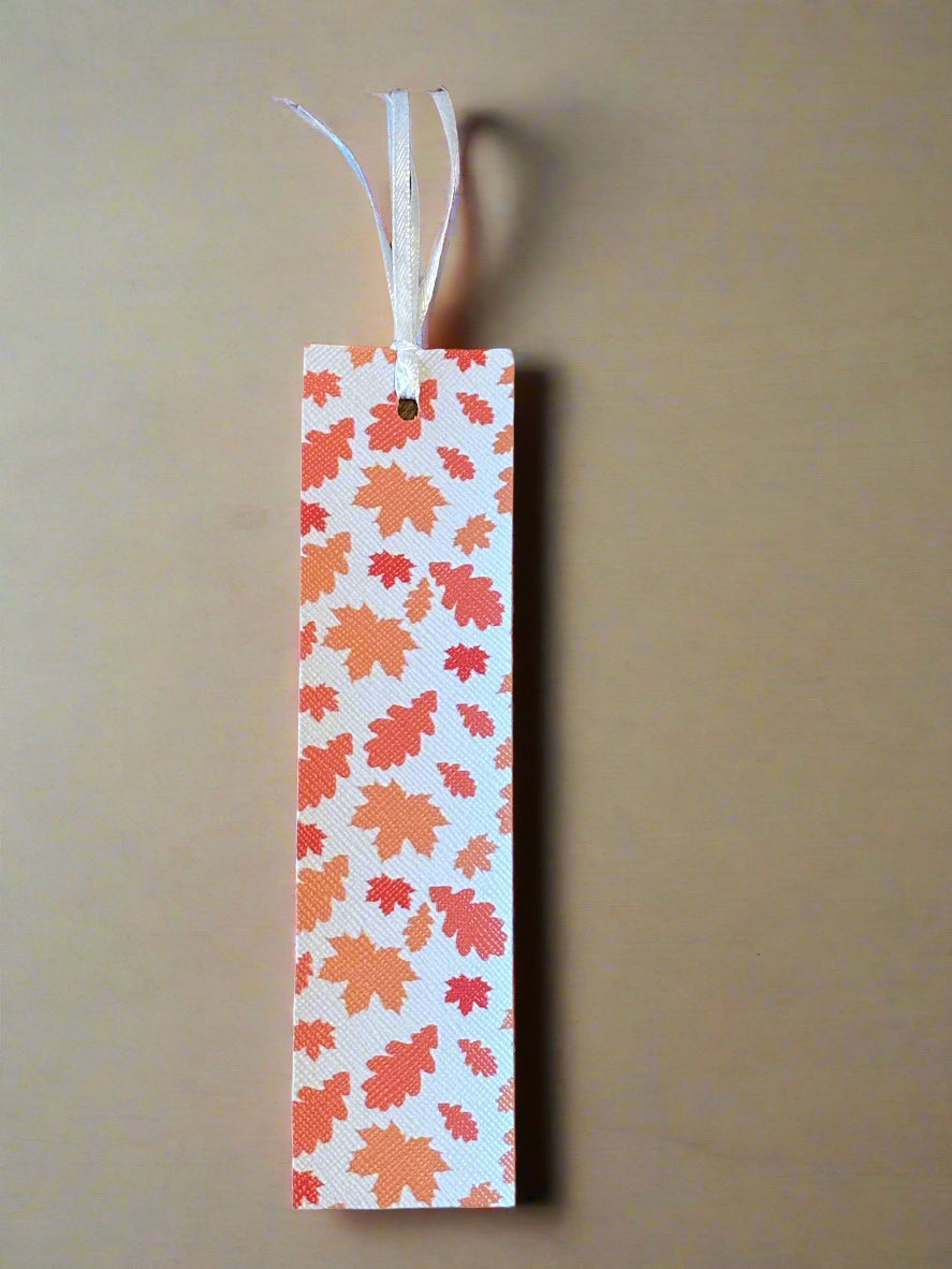 Fall Leaves Faux Leather Bookmark – White with Orange Leaves & Tassel – 1.5" x 6"