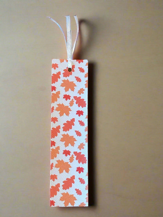 Fall Leaves Faux Leather Bookmark – White with Orange Leaves & Tassel – 1.5" x 6"