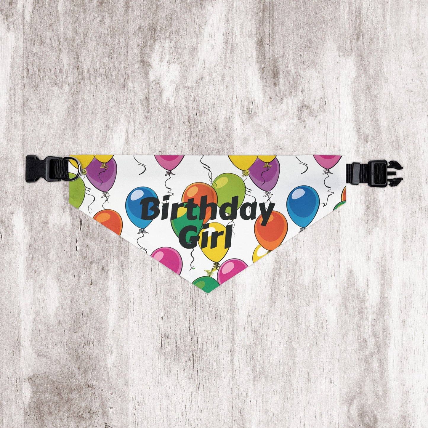 Birthday Girl Dog Bandana – Over-the-Collar Style, White with Colorful Balloons