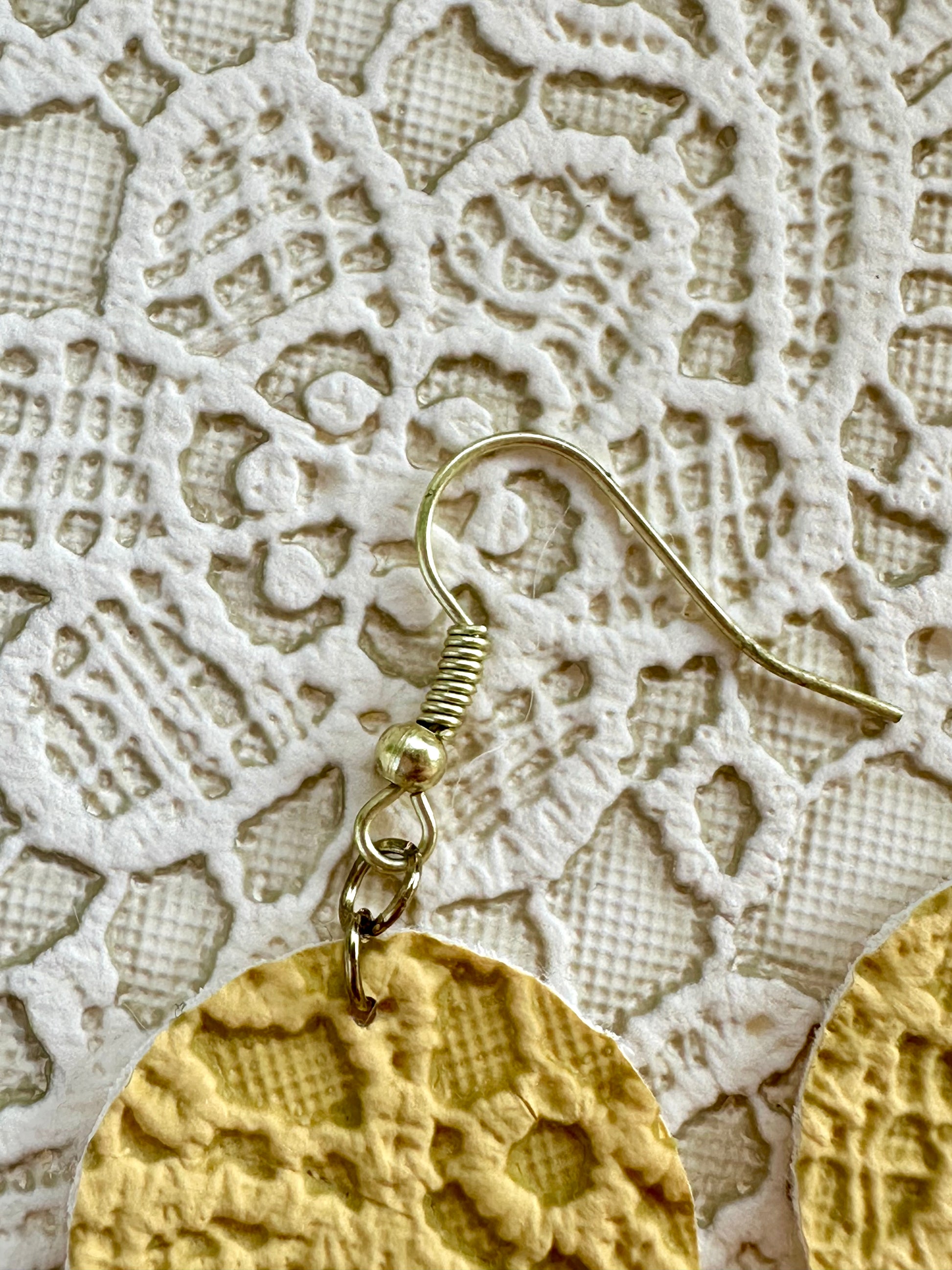 Yellow Lace Circle Earrings – Faux Leather Round Dangle Earrings – 1" Lightweight Fall Jewelry