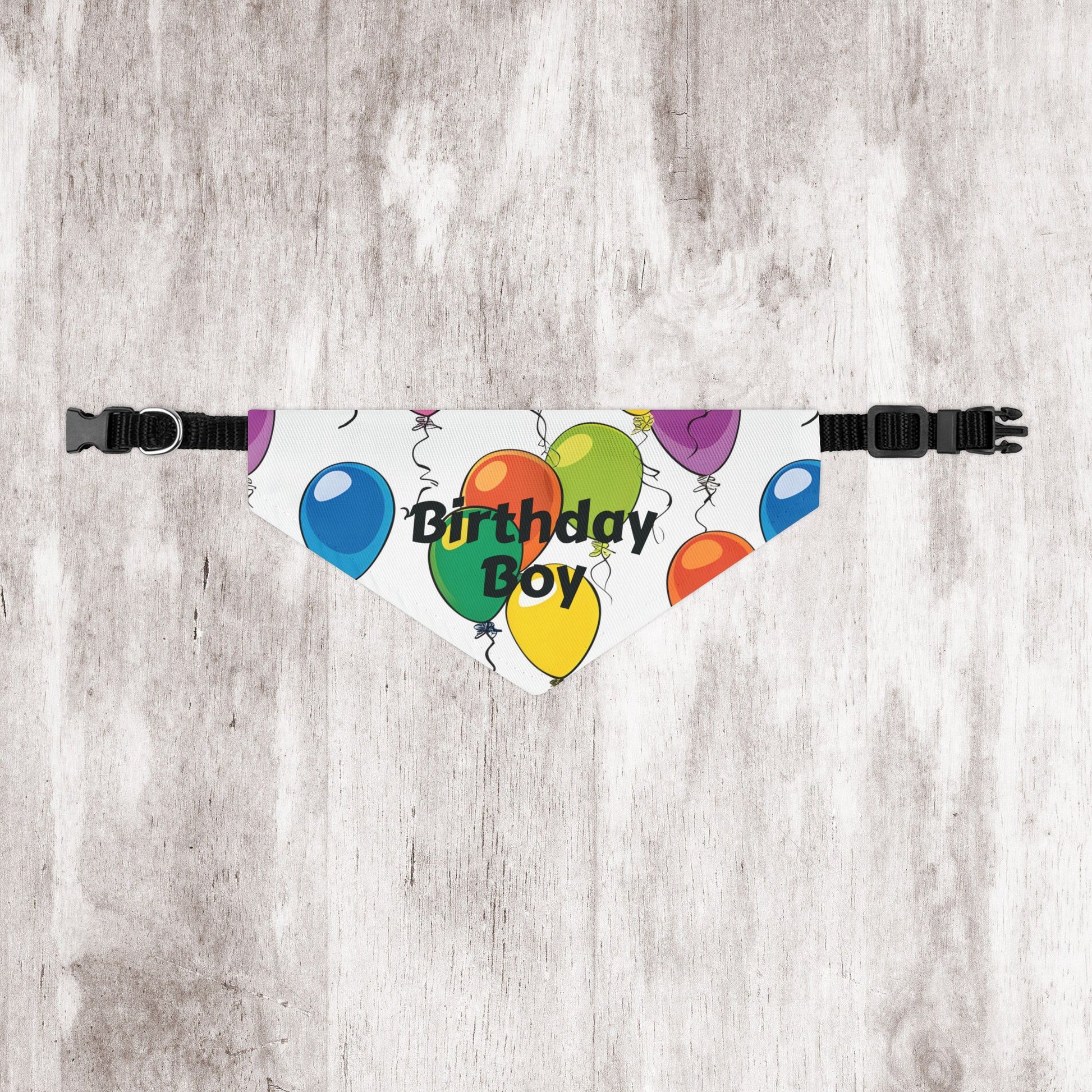 Birthday Boy Dog Bandana – Over-the-Collar Style, White with Colorful Balloons