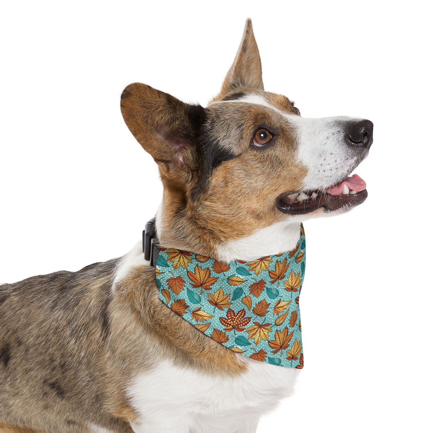 Light Blue Autumn Leaves Over-the-Collar Dog Bandana – Blue, Orange & Golden Leaf Pattern
