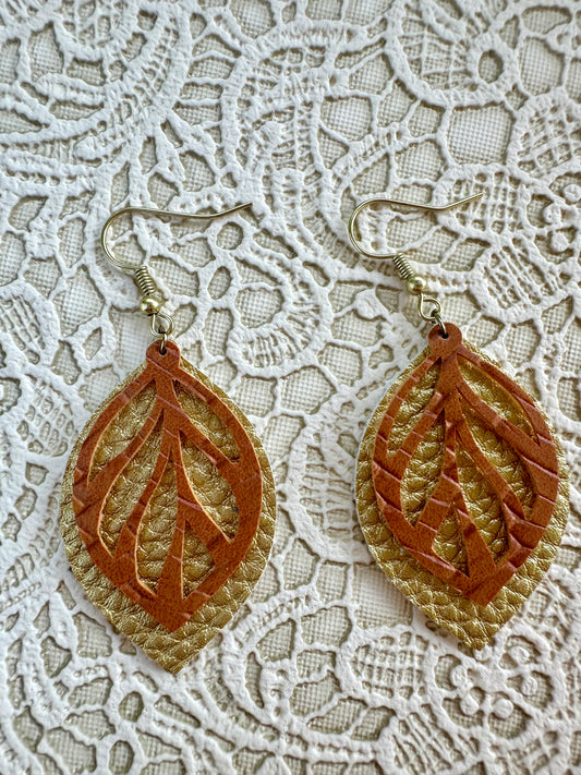 Two-Layer Faux Leather Leaf Earrings – Brown and Matte Gold, 2" Lightweight Fall Dangles