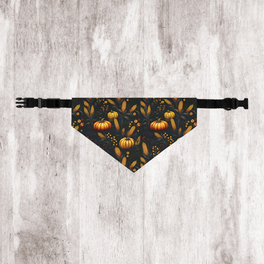 Fall Harvest Dog Bandana – Over-the-Collar – Pumpkins, Corn & Floral Pattern