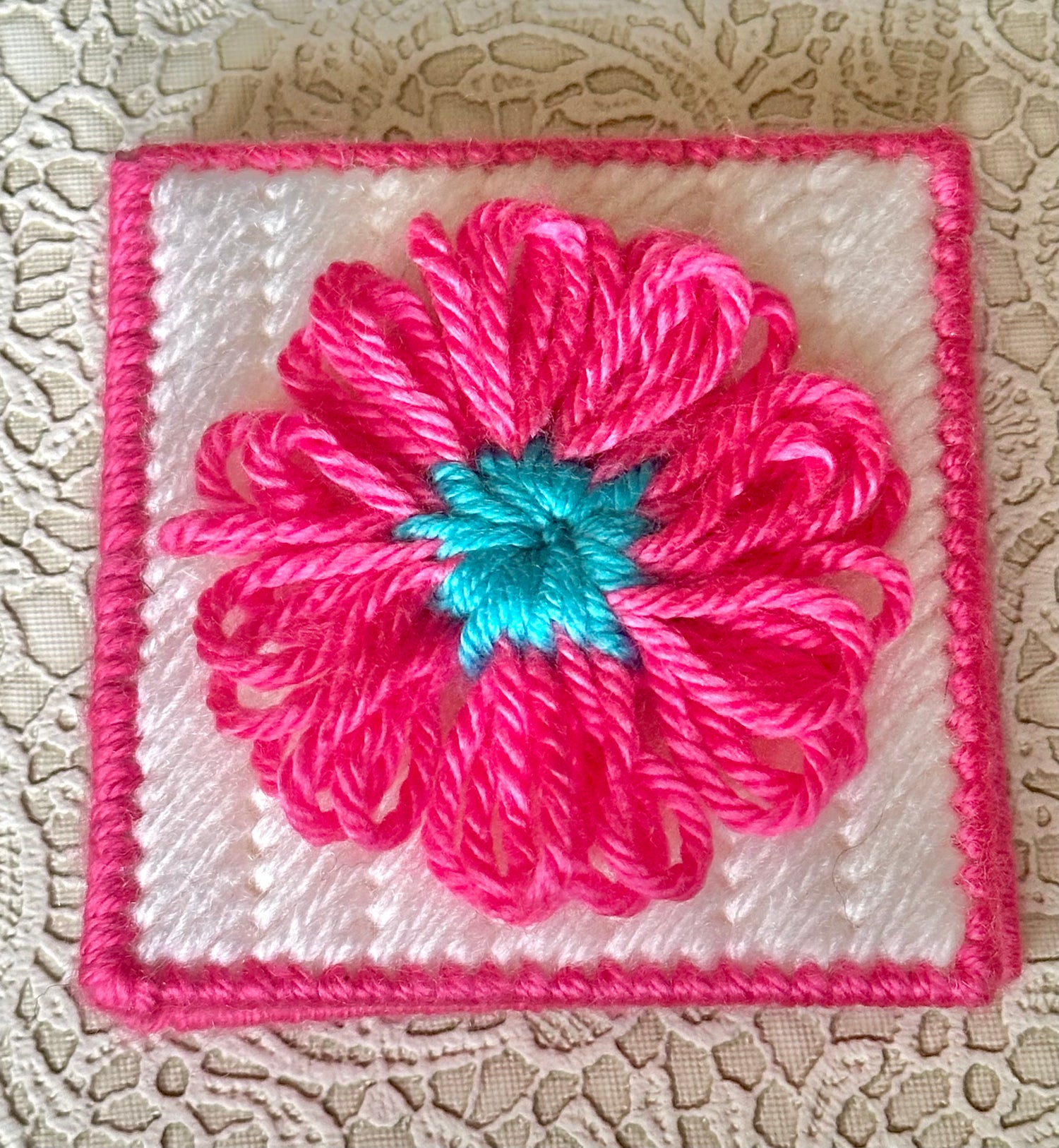 Handmade White Sticky Note Holder with Pink Trim & Flower – Plastic Canvas Cover