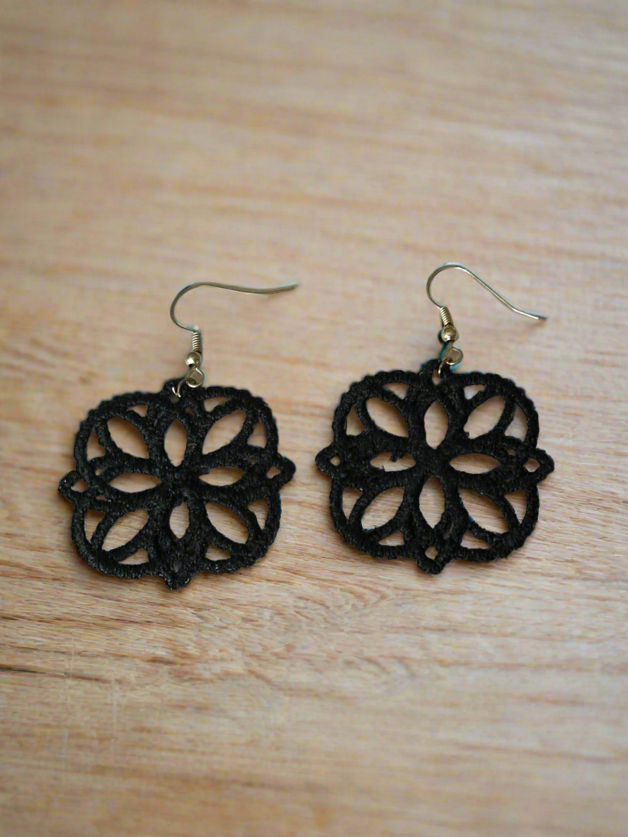 Black Free Standing Lace Earrings – Lightweight Handmade Embroidered Jewelry
