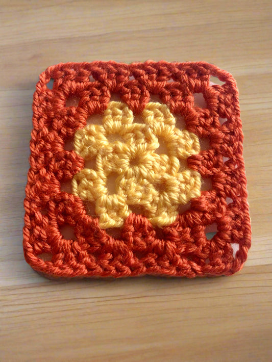 Granny Square Coasters – Set of 6 Handmade Crochet Coasters – Yellow and Pumpkin Orange – 3.5" Square