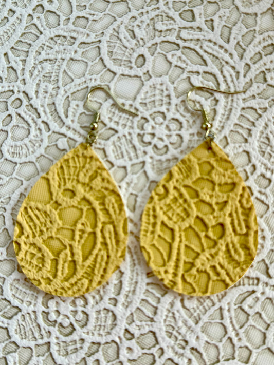 Yellow Lace Teardrop Earrings – Faux Leather Dangle Earrings – 1.5" x 2" Lightweight Fall Jewelry