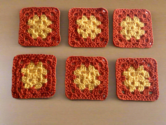Granny Square Coasters – Set of 6 Handmade Crochet Coasters – Yellow and Pumpkin Orange – 3.5" Square