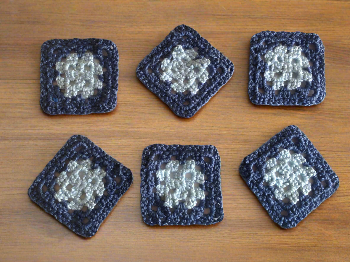 Granny Square Crocheted Coasters – Set of 6, Country Blue & Light Blue, 4" Handmade Coasters
