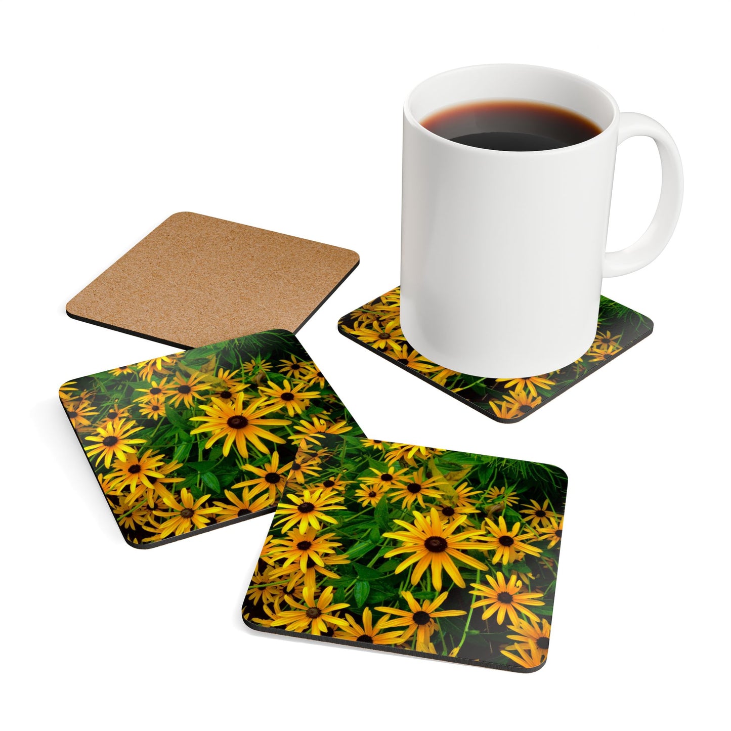 Black Eyed Susan Coasters Set of 4 | Original Photography Floral Cork Drink Coasters | Yellow Wildflower Table Decor | Cottagecore Home & Gift Idea
