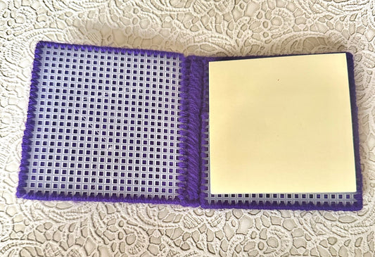 Handmade Purple Sticky Note Holder with Pink Star Buttons – Plastic Canvas Cover