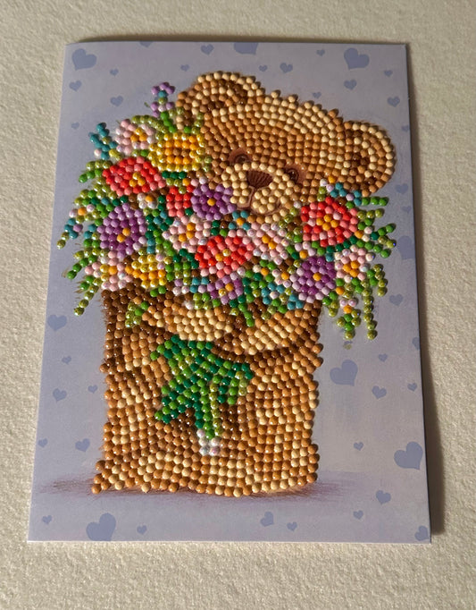 Teddy Bear with Flowers Diamond Art Greeting Card – Handmade Sparkle Card