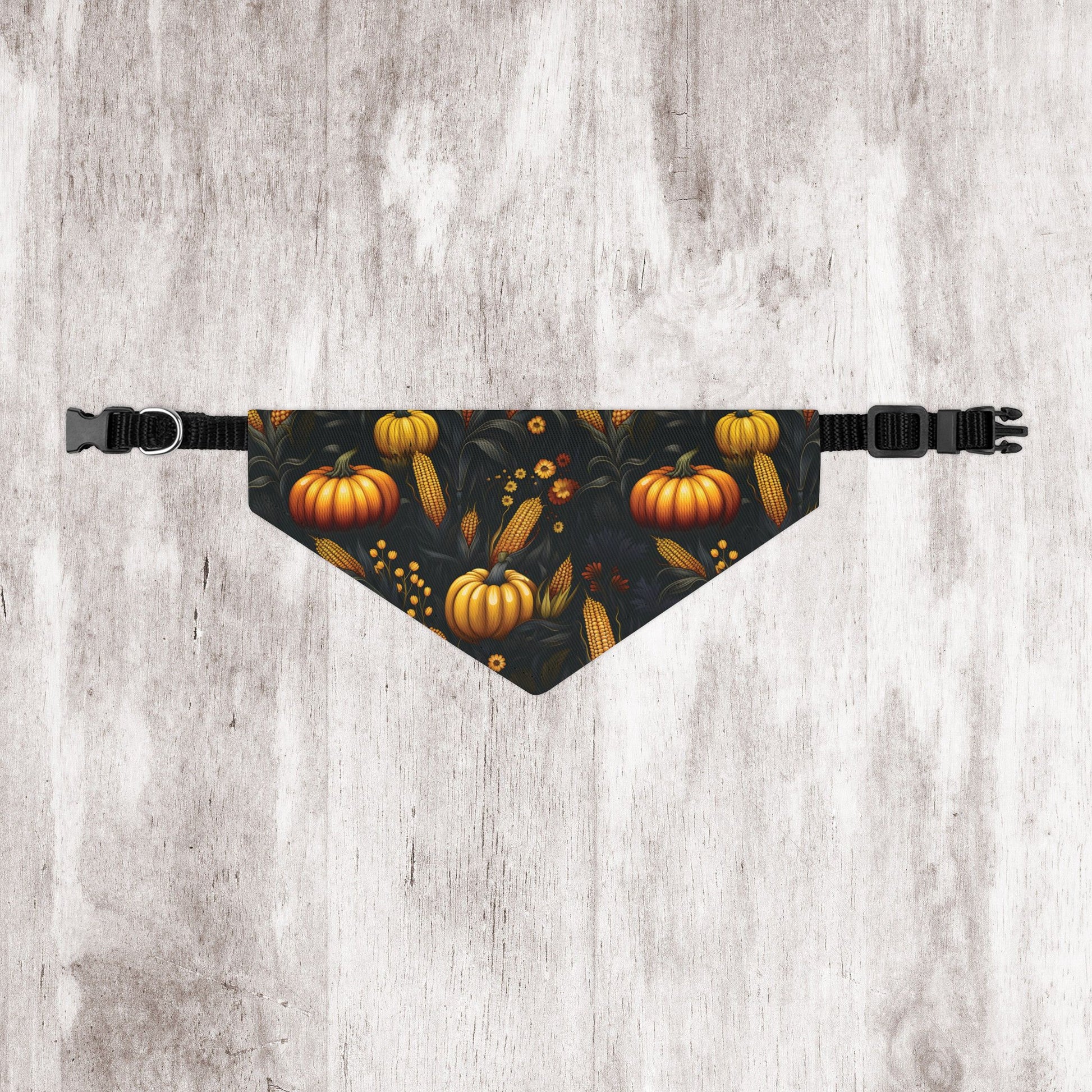 Fall Harvest Dog Bandana – Over-the-Collar – Pumpkins, Corn & Floral Pattern