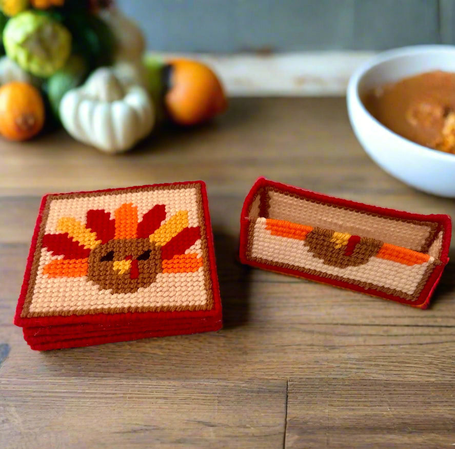 Plastic Canvas Turkey Coasters – Set of 4 with Holder