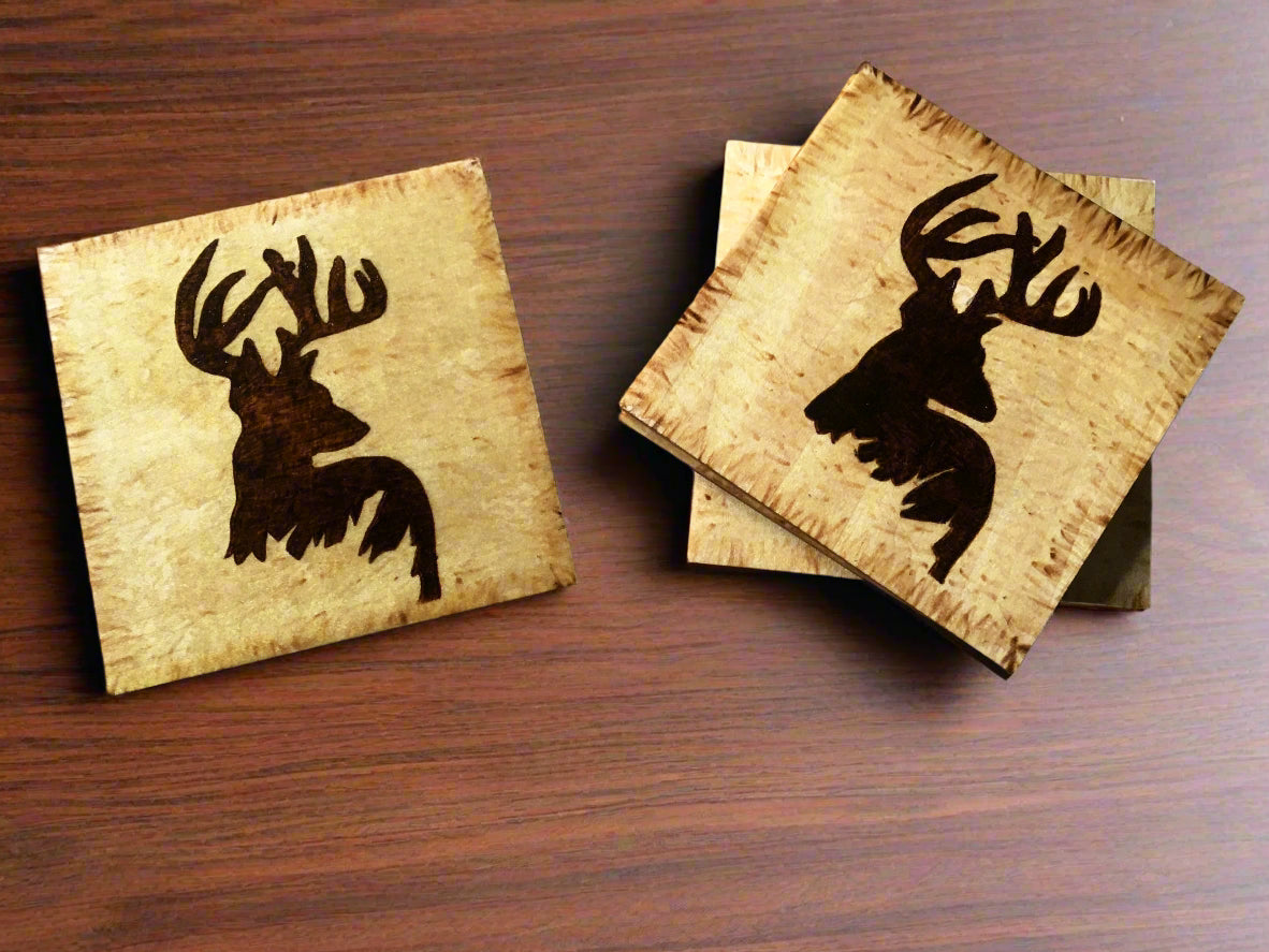 Wood Burned Antlered Deer Coasters – Set of 4 Handmade 4" Rustic Coasters