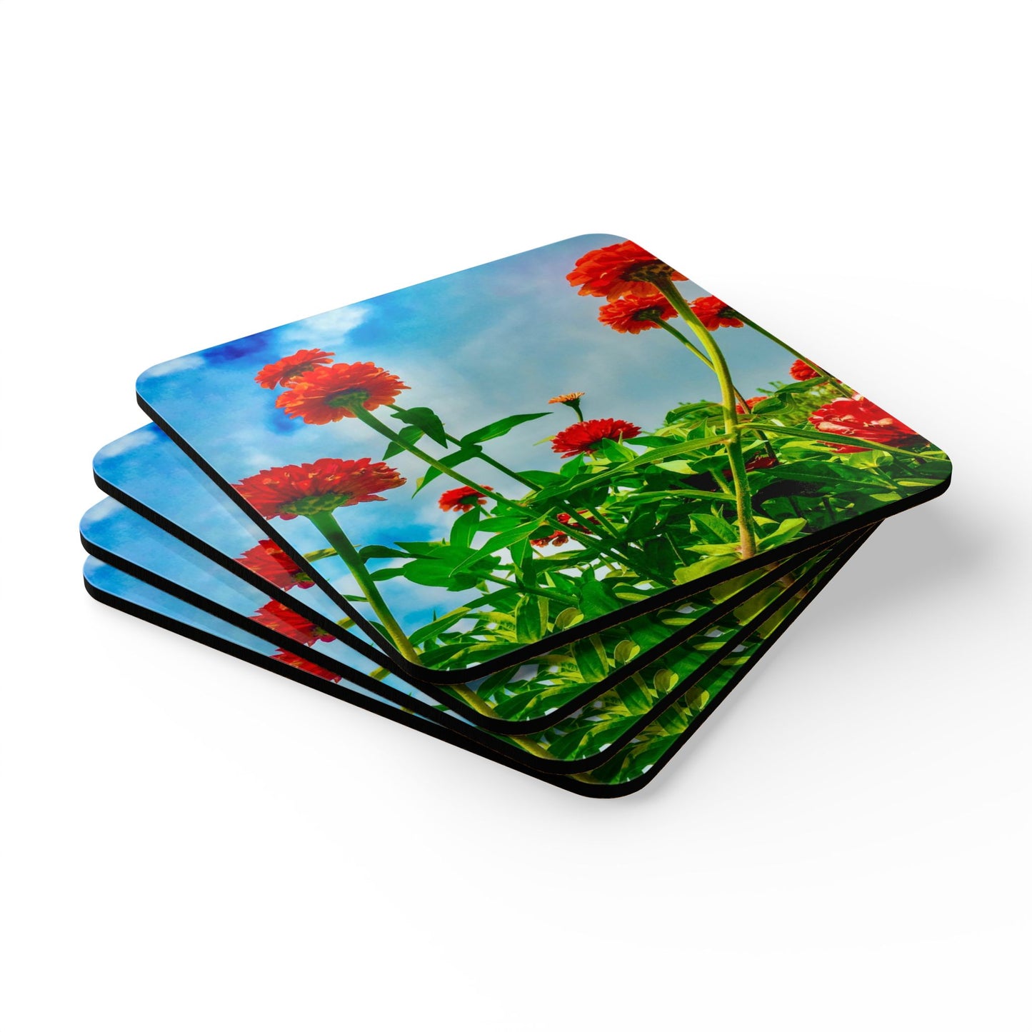 Red Zinnia Cork Coaster Set - Original Photography - Garden Decor