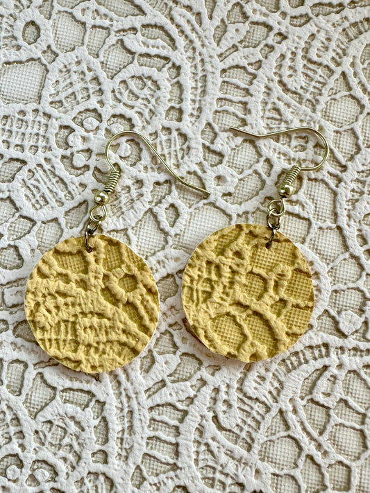 Yellow Lace Circle Earrings – Faux Leather Round Dangle Earrings – 1" Lightweight Fall Jewelry
