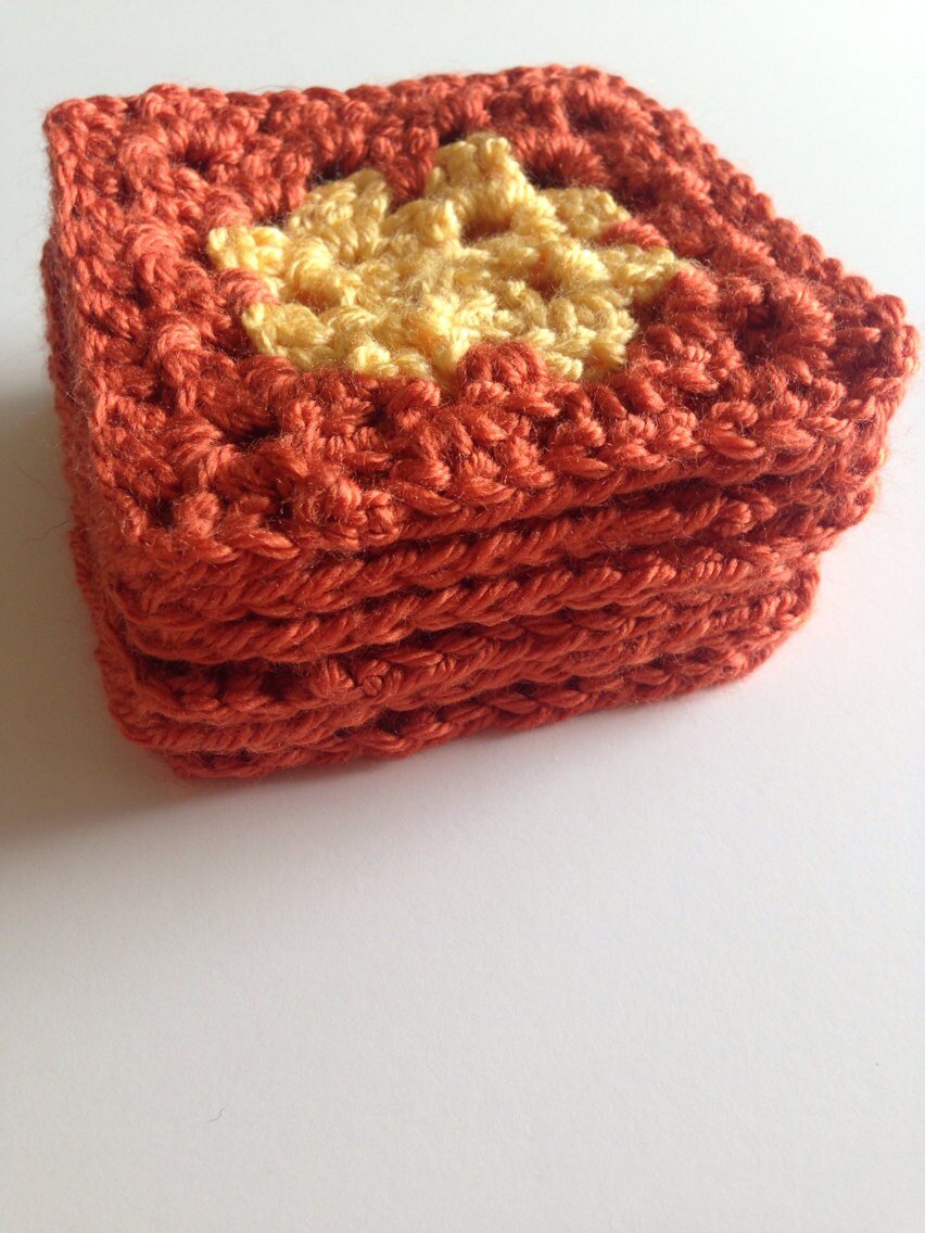 Granny Square Coasters – Set of 6 Handmade Crochet Coasters – Yellow and Pumpkin Orange – 3.5" Square
