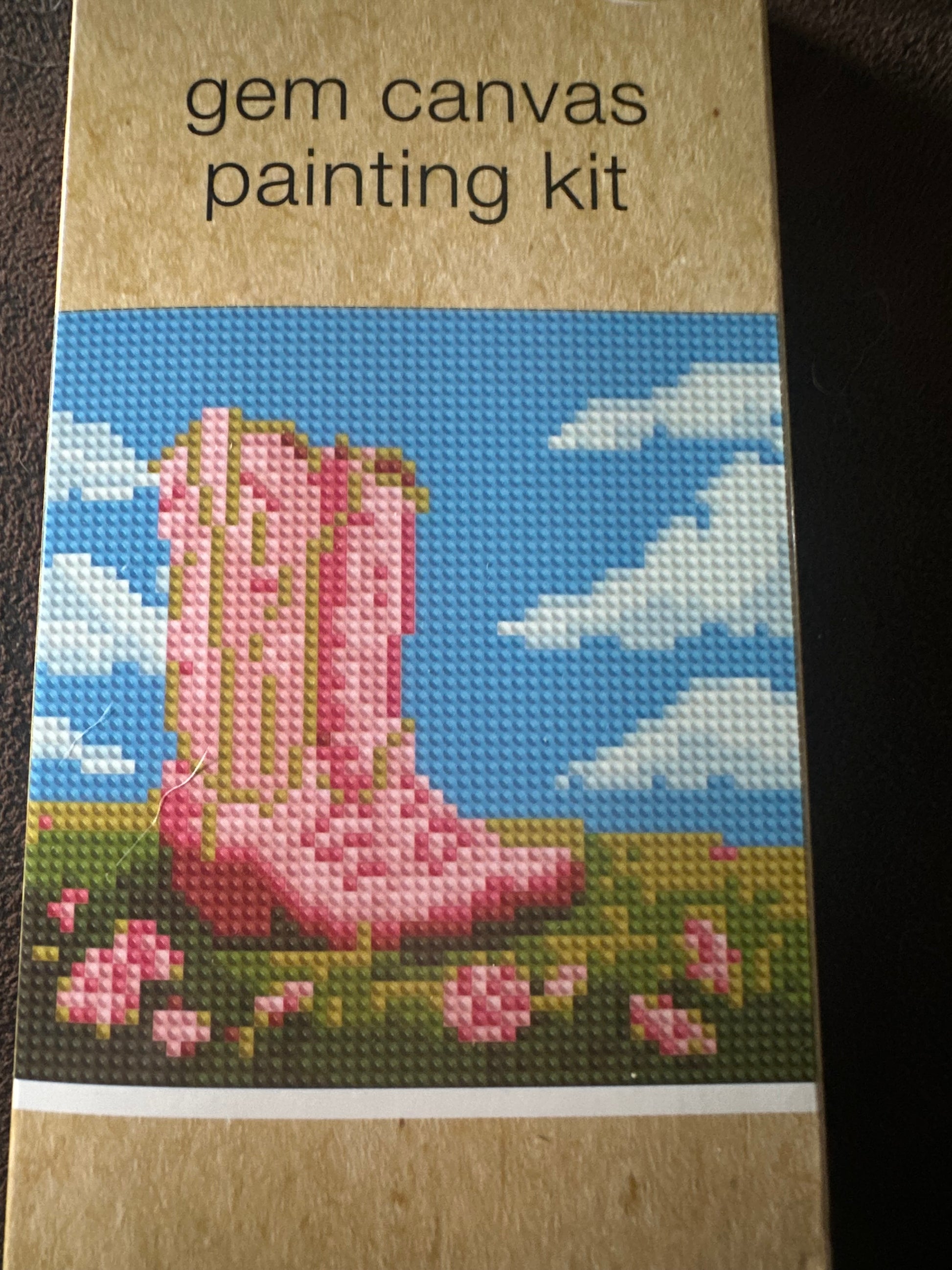 gem painting kit design of a pink cowgirl boots with flowers in a box