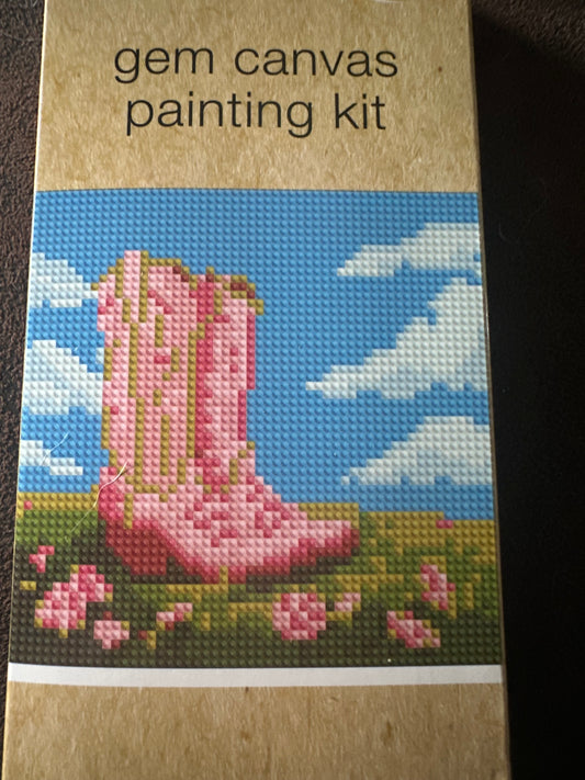gem painting kit design of a pink cowgirl boots with flowers in a box