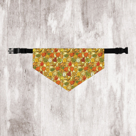 Autumn Leaves Dog Bandana – Tan Background with Yellow, Orange, Green & Red Leaf Pattern