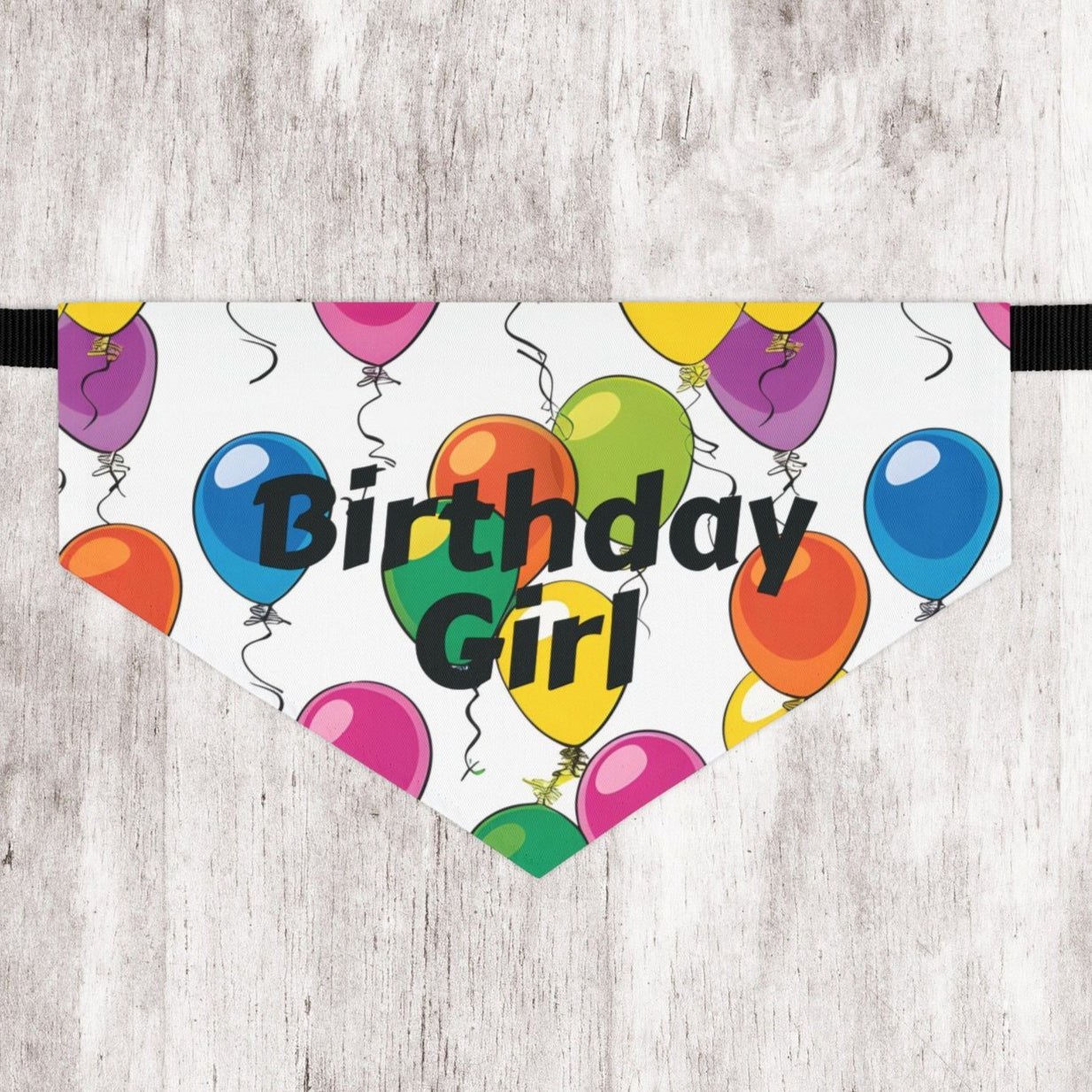 Birthday Girl Dog Bandana – Over-the-Collar Style, White with Colorful Balloons