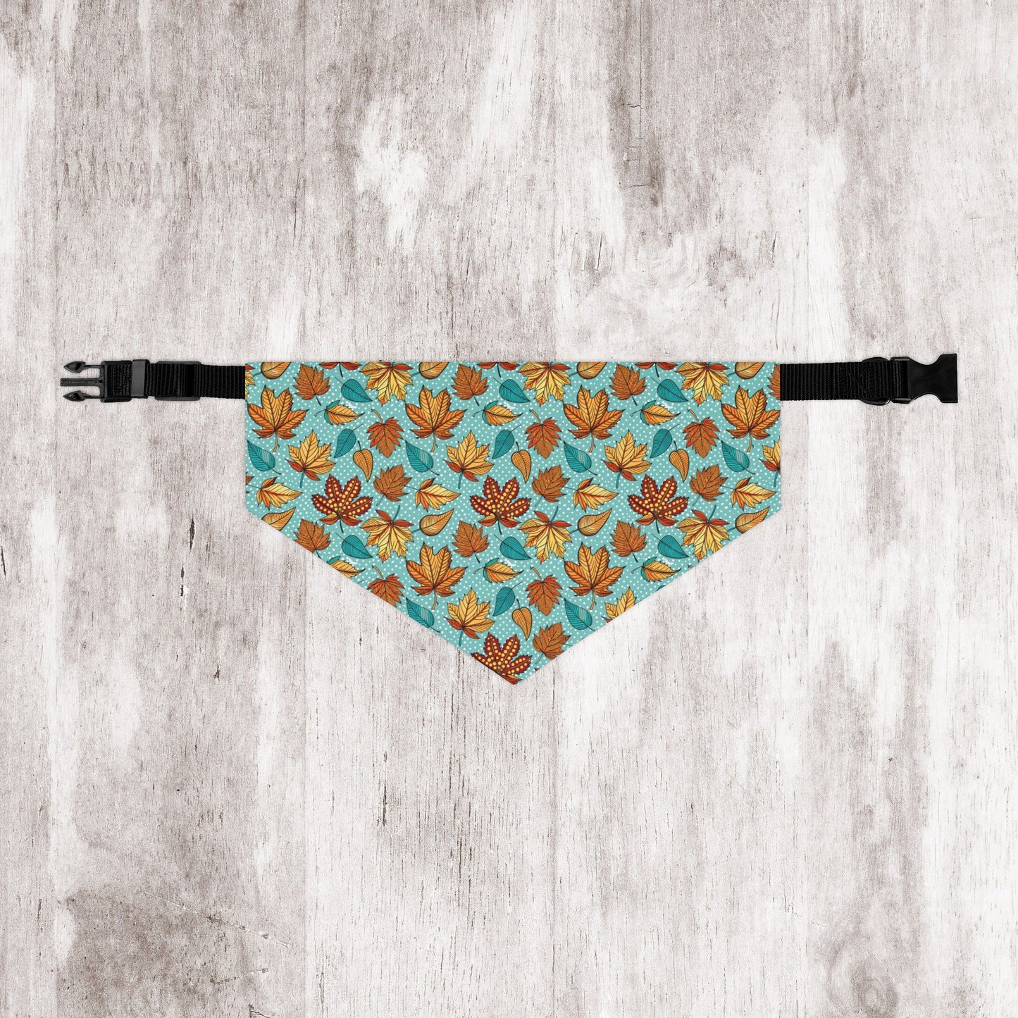 Light Blue Autumn Leaves Over-the-Collar Dog Bandana – Blue, Orange & Golden Leaf Pattern