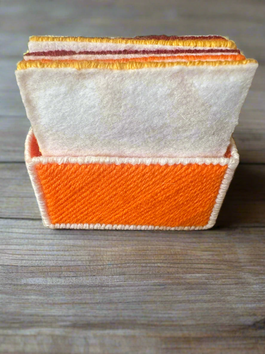 back view of coaster set in orange holder
