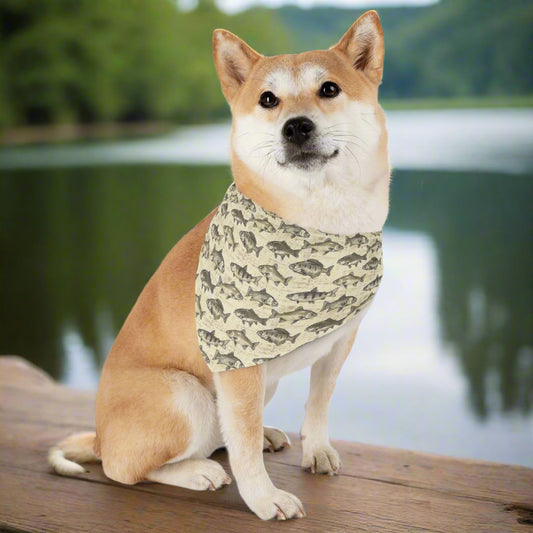 Fish Pattern Dog Bandana with Collar – Over-the-Collar Pet Bandana – Tan and Gray Dog Accessory