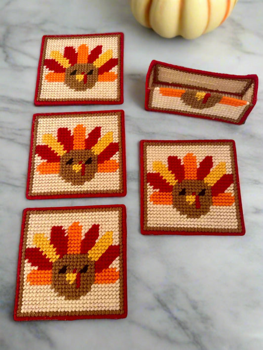 Plastic Canvas Turkey Coasters – Set of 4 with Holder