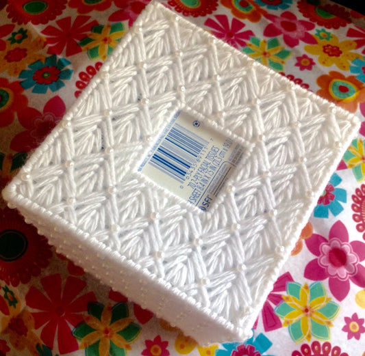 Handmade White Beaded Tissue Box Cover – Plastic Canvas