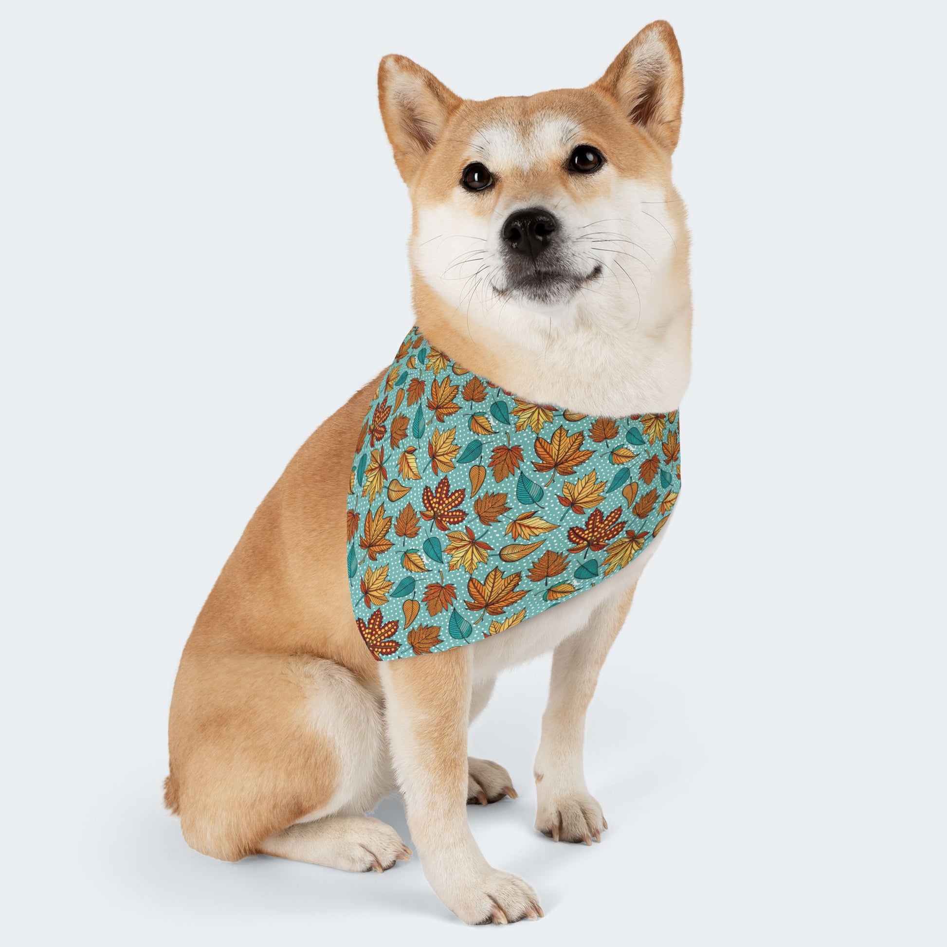 Light Blue Autumn Leaves Over-the-Collar Dog Bandana – Blue, Orange & Golden Leaf Pattern