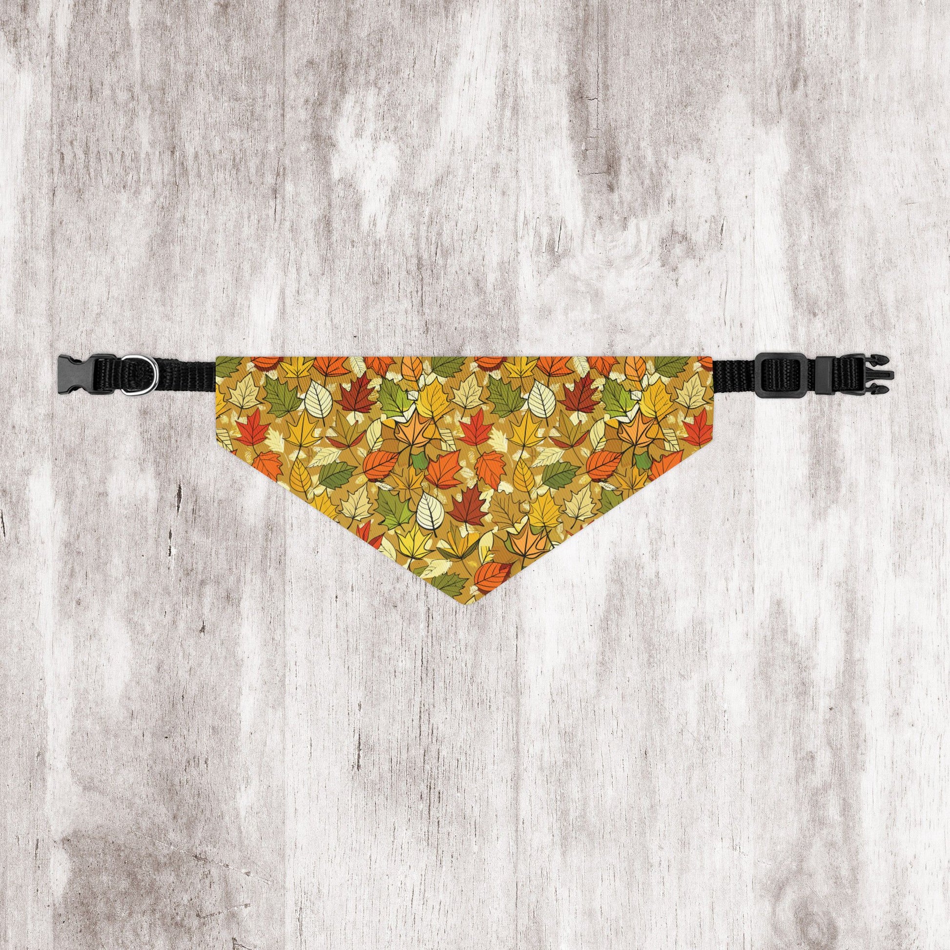 Autumn Leaves Dog Bandana – Tan Background with Yellow, Orange, Green & Red Leaf Pattern