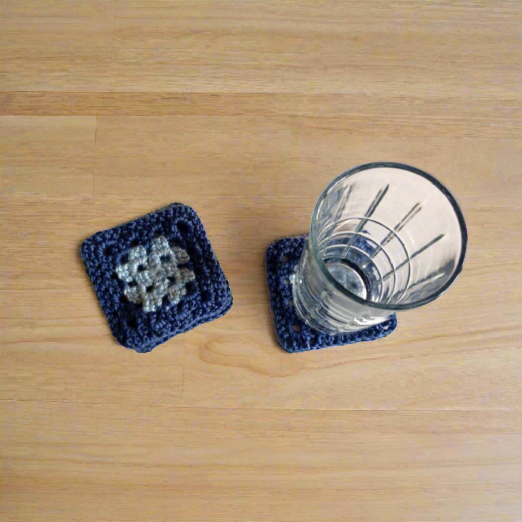 Granny Square Crocheted Coasters – Set of 6, Country Blue & Light Blue, 4" Handmade Coasters