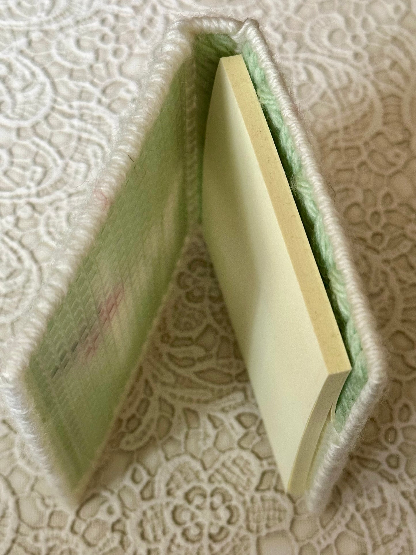 Handmade Dog Sticky Note Holder – Light Green Plastic Canvas Cover with Notepad