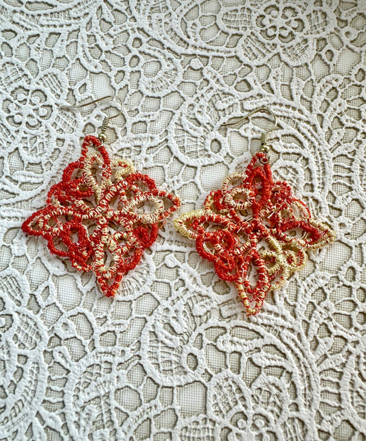 Orange and Yellow Freestanding Lace Earrings – Hand-Embroidered Thread Earrings