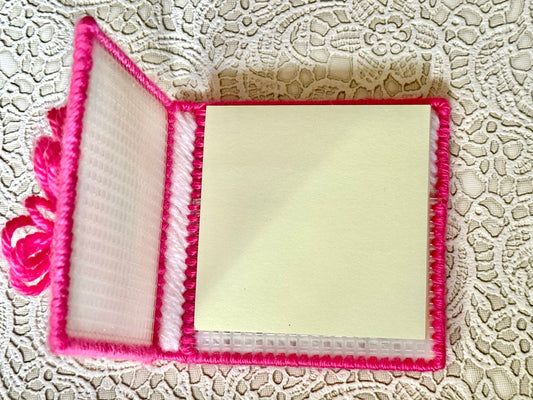 Handmade White Sticky Note Holder with Pink Trim & Flower – Plastic Canvas Cover