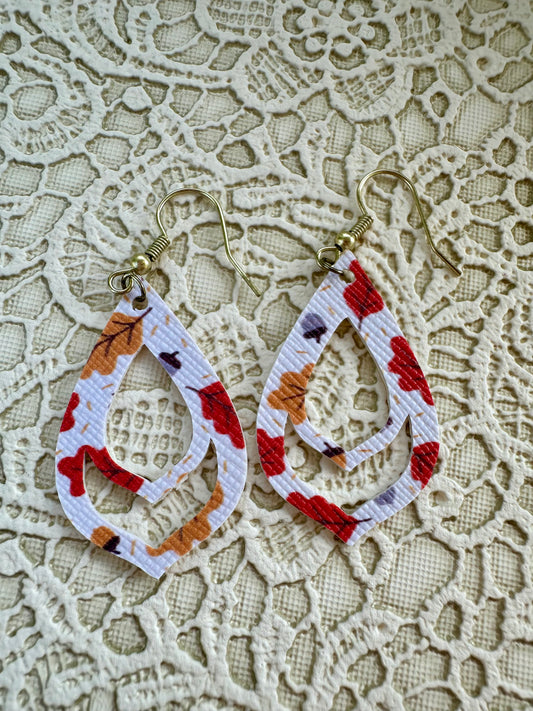 Fall Leaves Faux Teardrop Leather Earrings – Double Cutout Design, Lightweight Autumn Dangles