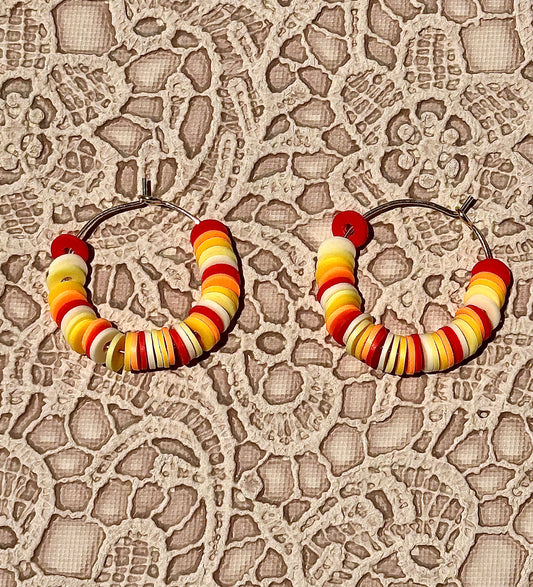 Sunset Heishi Bead Hoop Earrings – Polymer Clay Hoop Earrings – Warm Sunrise-Inspired Fall Jewelry