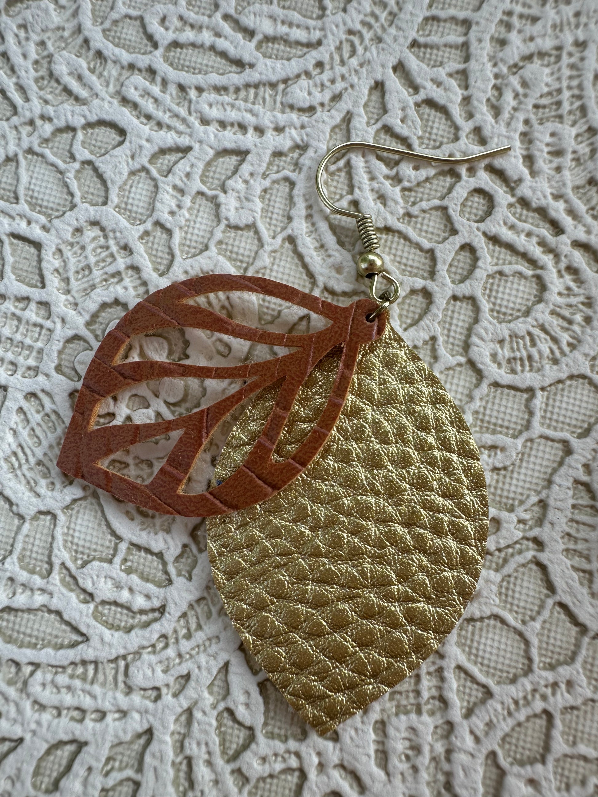 Two-Layer Faux Leather Leaf Earrings – Brown and Matte Gold, 2" Lightweight Fall Dangles