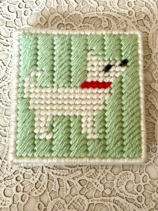 Handmade Dog Sticky Note Holder – Light Green Plastic Canvas Cover with Notepad