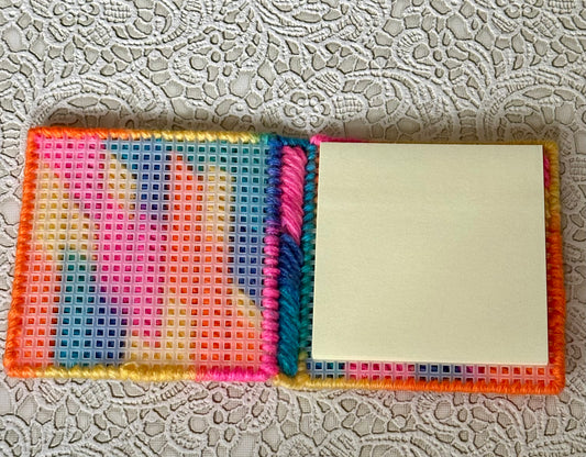 Handmade Variegated Sticky Note Holder – Multicolor Plastic Canvas Cover with Notepad