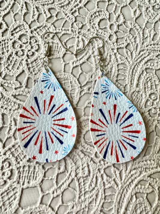 Fireworks Faux Leather Teardrop Earrings – Red, White & Blue Patriotic Dangle Earrings